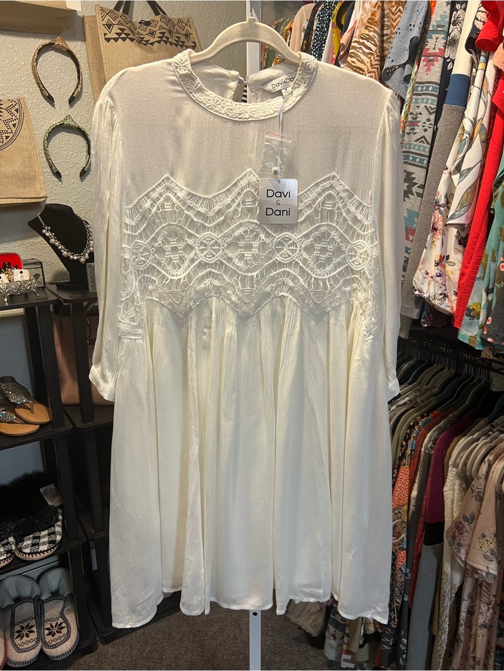 DAVI & DANI Ivory Embroidered Yoke Dress